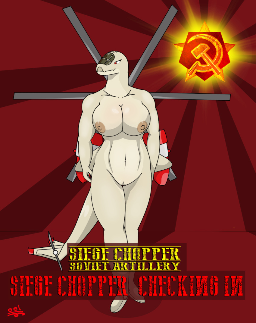 2021 aircraft aircraft_humanoid anthro breasts command_and_conquer countershading eel_(artist) engine female genitals hammer_and_sickle helicopter hi_res living_aircraft living_machine living_vehicle machine navel nipples not_furry nude pussy red_alert_(series) red_alert_(video_games) red_alert_2 red_eyes russian solo soviet_union standing text vehicle yuri's_revenge