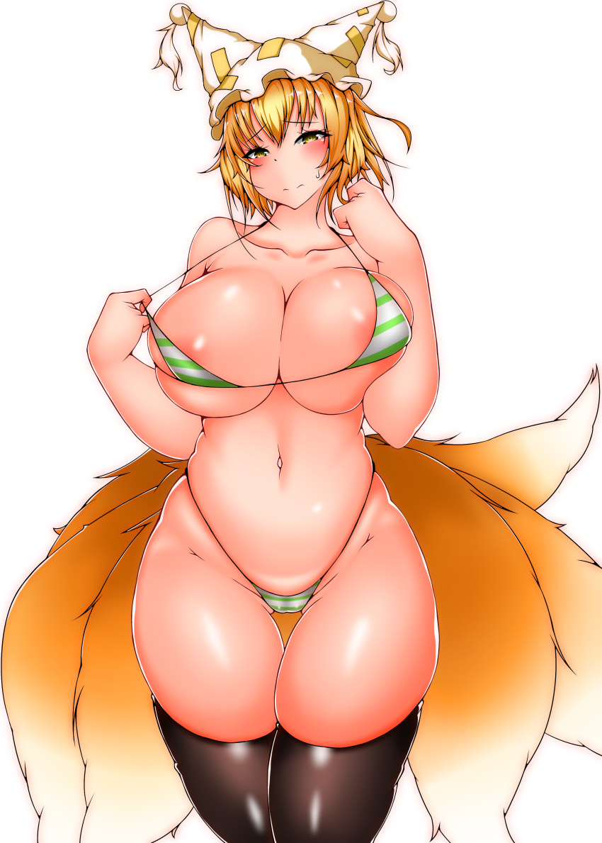 1girls absurdres animal_ears areola_slip bangs bikini bikini_pull black_thighhighs blonde_hair blush breasts cleavage closed_mouth clothes_pull comiket_97 cowboy_shot curvy female fox_ears fox_tail green_bikini hat highres horny huge_breasts kitsune looking_at_viewer micro_bikini multiple_tails navel noname_hider pillow_hat pulled_by_self ran_yakumo short_hair simple_background skindentation solo standing striped striped_bikini sweatdrop swimsuit tail thighhighs touhou white_background white_bikini white_headwear yellow_eyes