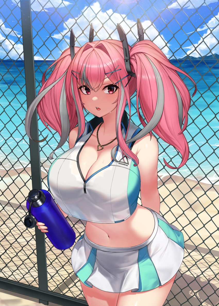 absurdres arm_behind_back azur_lane bangs bare_shoulders beach black_bra blue_sky blush bottle bra breasts bremerton_(azur_lane) bremerton_(scorching-hot_training)_(azur_lane) chain-link_fence cleavage cloud collarbone collared_shirt cowboy_shot crop_top crop_top_overhang day female fence green_skirt grey_hair hair_between_eyes hair_intakes hair_ornament hairclip heart heart_necklace highres holding holding_bottle horizon large_breasts lens_flare long_hair looking_at_viewer midriff mole mole_under_eye morung multicolored_hair navel ocean open_mouth outdoors pink_eyes pink_hair pleated_skirt sand see-through shiny shiny_hair shirt shore sidelocks skirt sky sleeveless sleeveless_shirt solo sportswear standing streaked_hair sunlight sweat teeth tennis_uniform thighhighs toned twintails two-tone_shirt two-tone_skirt underwear upper_teeth water water_bottle waves white_shirt white_skirt x_hair_ornament