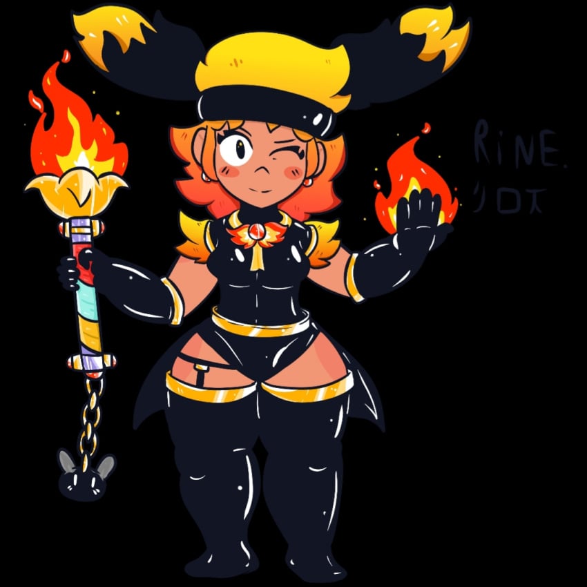 amber_(brawl_stars) brawl_stars dark-skinned_female fire gwakkerboybaggot_(artist) multicolored_hair rinestonearts sfw supercell thick_thighs