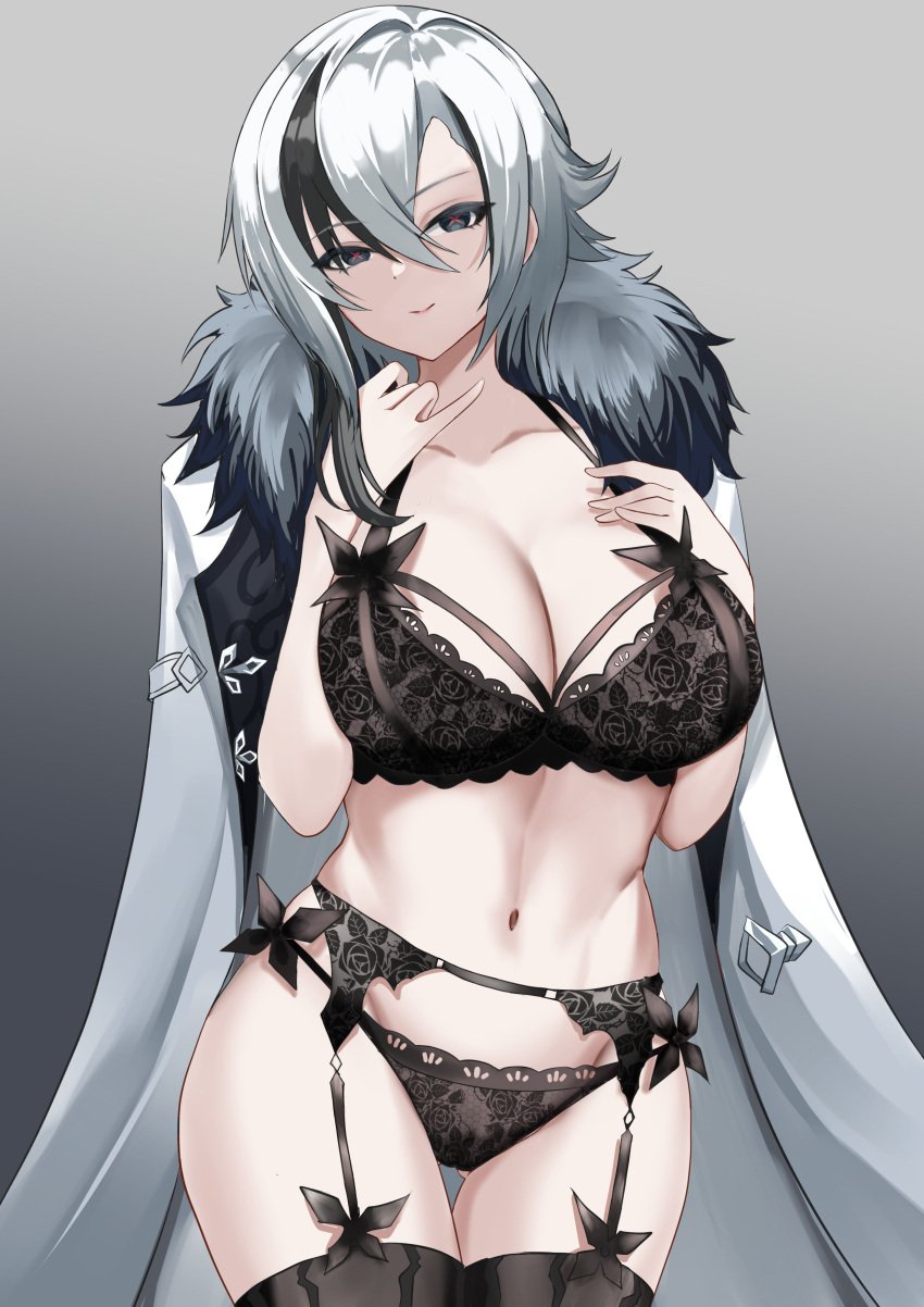 absurdres arlecchino_(genshin_impact) bangs black_bra black_hair black_panties black_thighhighs blush bra breasts cleavage coat coat_on_shoulders collarbone female fur-trimmed_coat fur_trim garter_belt genshin_impact grey_eyes grey_hair hair_between_eyes highres large_breasts looking_at_viewer multicolored_hair navel panties red_pupils short_hair smile solo streaked_hair symbol-shaped_pupils thighhighs thighs tian_kazuki underwear white_coat x-shaped_pupils