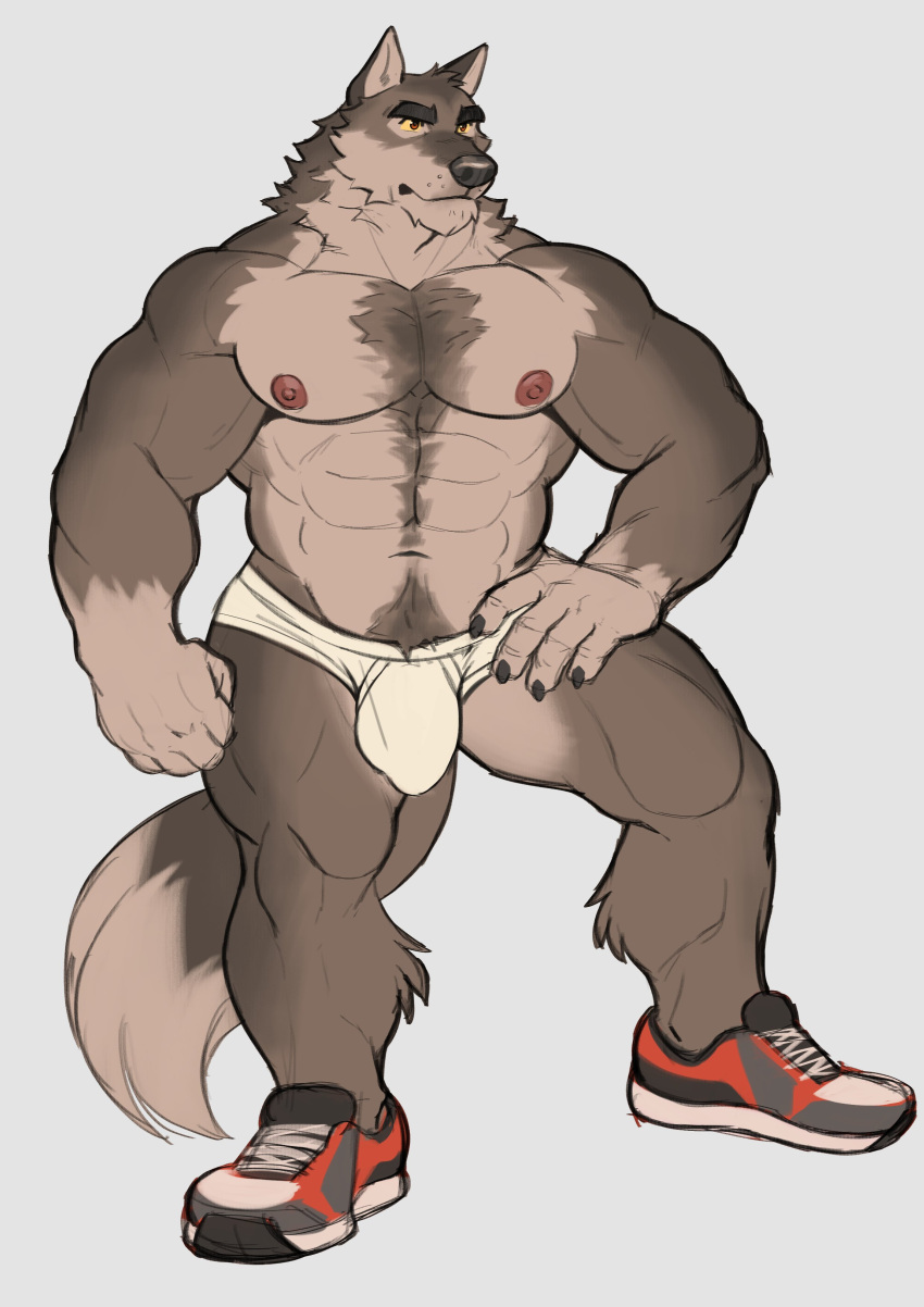 1boy adios areola areolae bulge canid canine chest_tuft hand_on_hip nipples red_eyes shoes tail underwear wolf