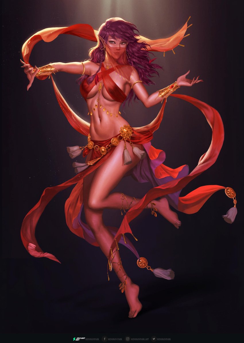 belly_dancer belly_dancer_outfit bocas_top bracelet braid dancer dancer_outfit dancing dungeons_and_dragons elf elf_ears female harem_girl harem_outfit kenshjnpark loincloth long_hair pointy_ears purple_hair silver_eyes