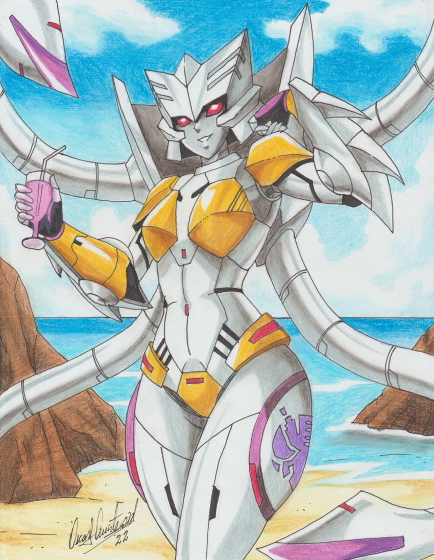 1girls 2022 alien alien_girl artist_signature beast_wars beast_wars_ii energon female female_only full_color gynoid humanoid navel_piercing pencil_(artwork) posing predacon ravern_clouk red_eyes robot robot_girl scylla scylla(transformers) small_breasts sole_female solo tentacle tentacles transformers wine_glass