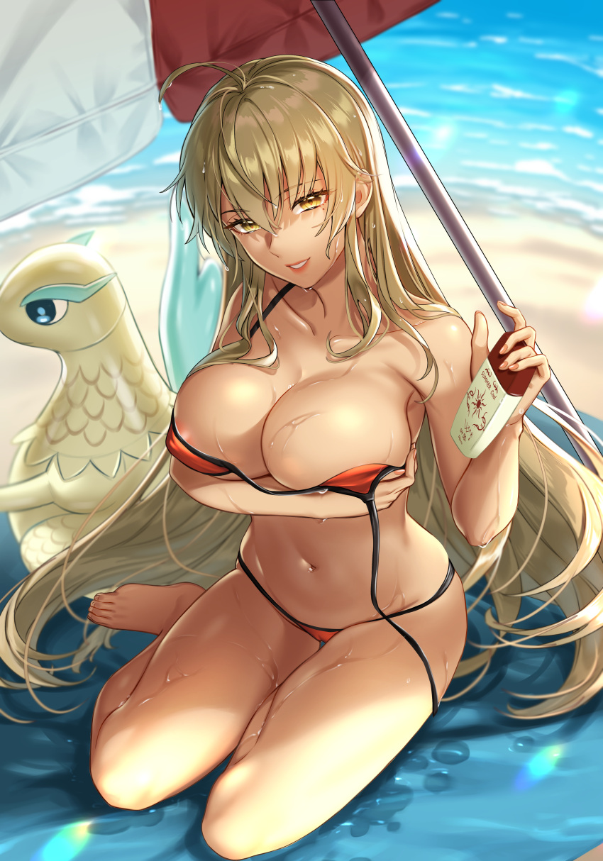 1girls absurdres alternate_costume beach beach_towel beach_umbrella bikini blonde_hair breasts cleavage commission covering dark-skinned_female dark_skin female female_only fire_emblem fire_emblem:_the_binding_blade highres igrene_(fire_emblem) iria_(yumeirokingyo) large_breasts long_hair looking_at_viewer lotion mole mole_under_eye nintendo nipple_slip nipples non-web_source red_bikini red_swimsuit skeb_commission smile swimsuit tanning_oil towel umbrella very_long_hair wet wet_hair yellow_eyes