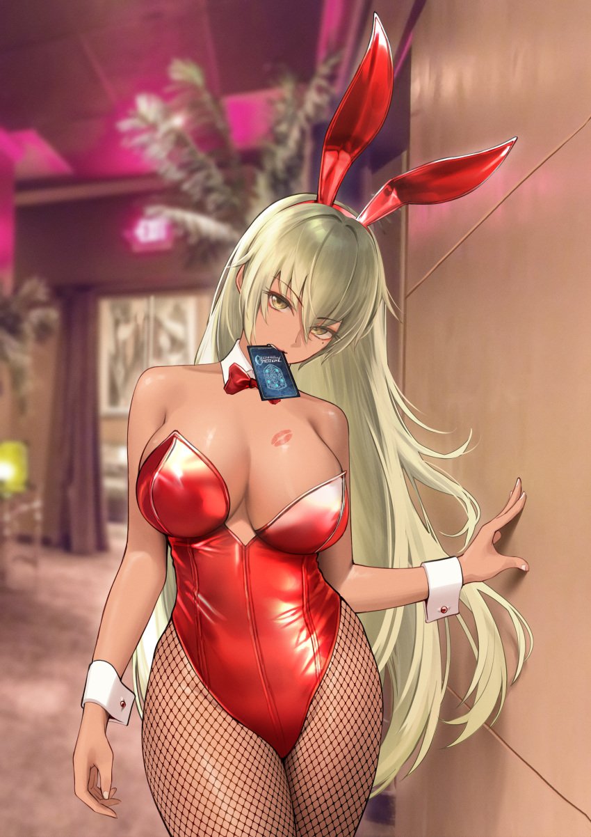 1girls absurdres alternate_costume animal_ears arm_at_side arm_support bare_arms bare_shoulders blonde_hair blurry blurry_background bow bowtie breasts bunny_ears bunny_girl bunnysuit card card_in_mouth cleavage closed_mouth commission cowboy_shot dark-skinned_female dark_skin depth_of_field english_text fake_animal_ears female female female_only fire_emblem fire_emblem:_the_binding_blade fishnet_legwear fishnets hair_between_eyes head_tilt highleg highleg_leotard highres igrene_(fire_emblem) indoors large_breasts legs_together leotard lipstick_mark long_hair looking_at_viewer mole mole_under_eye mouth_hold nintendo non-web_source pantyhose playboy_bunny playing_card rabbit_ears red_bow red_bowtie red_leotard shizuko_hideyoshi smile standing strapless strapless_leotard wrist_cuffs yellow_eyes