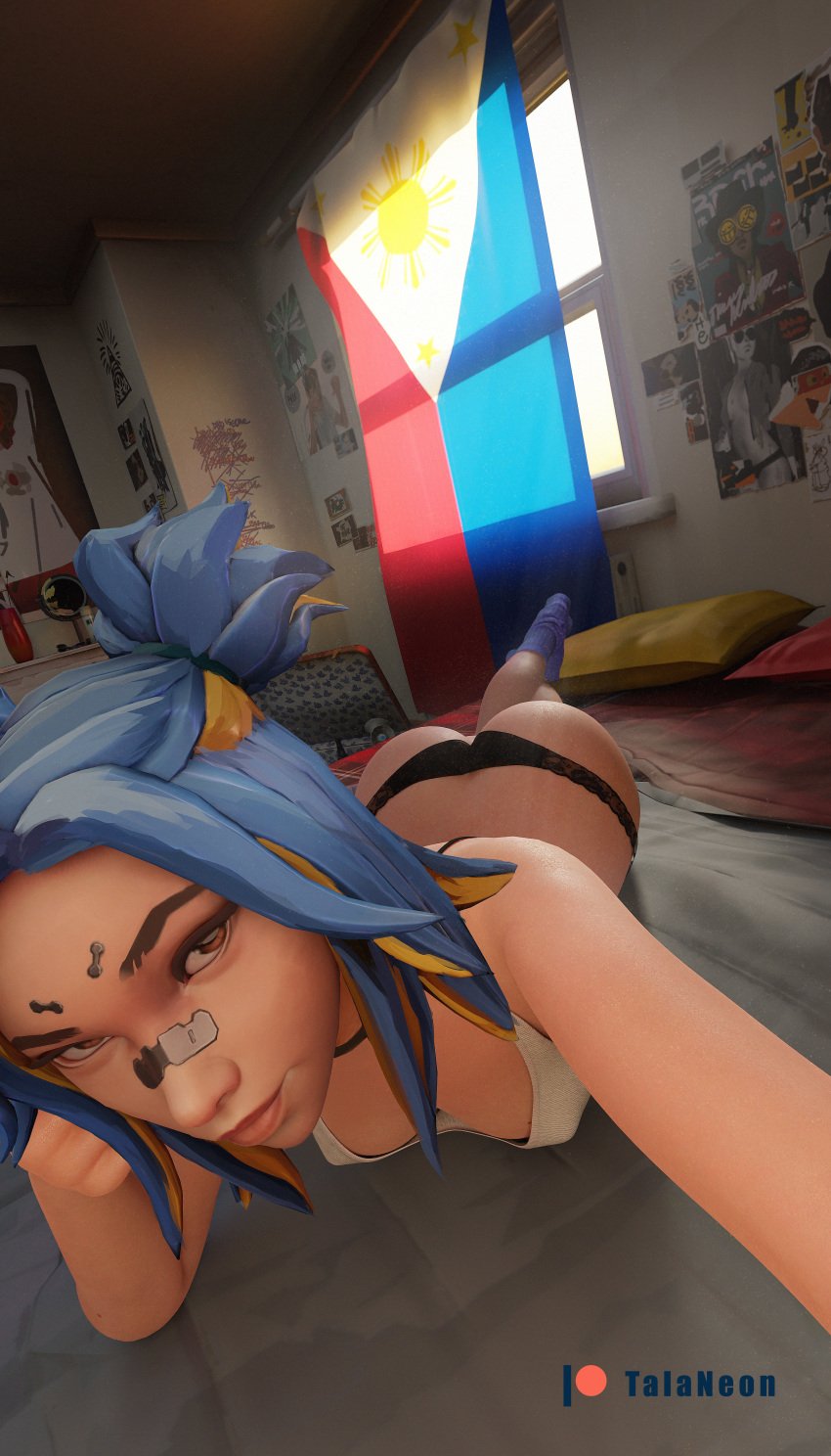 1girls 3d asian_female ass bedroom bedroom_eyes blue_hair brown_eyes dark-skinned_female flag neon_(valorant) panties philippine_flag selfie socks solo solo_female talaneon two_tone_hair valorant yellow_hair