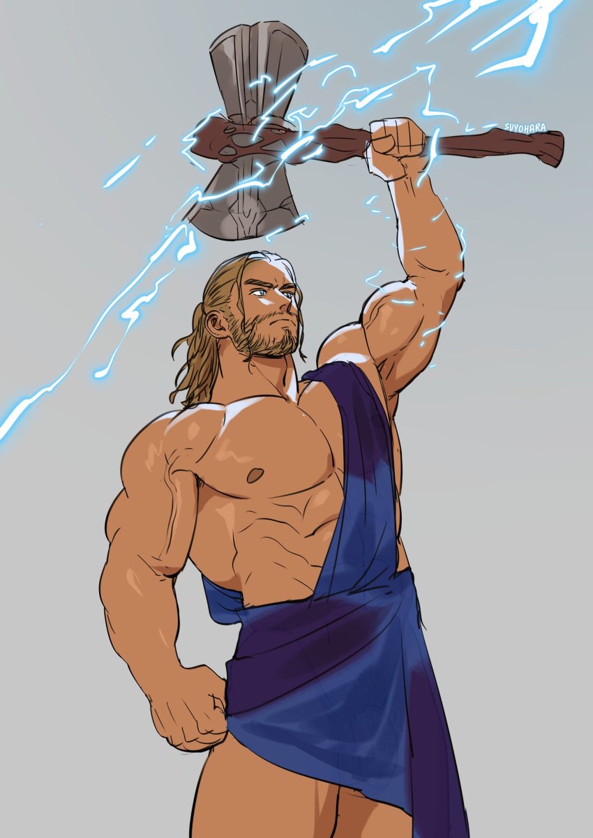 1boy abs bara beard biceps blonde blonde_hair blue_eyes body_hair facial_hair hammer holding_object human human_only light-skinned_male lightning long_hair long_hair_male male_only marvel marvel_cinematic_universe mature mature_male muscular muscular_male pecs pectorals penis six_pack solo stormbreaker suyohara thor:_love_and_thunder thor_(marvel) thor_(series) veiny_muscles