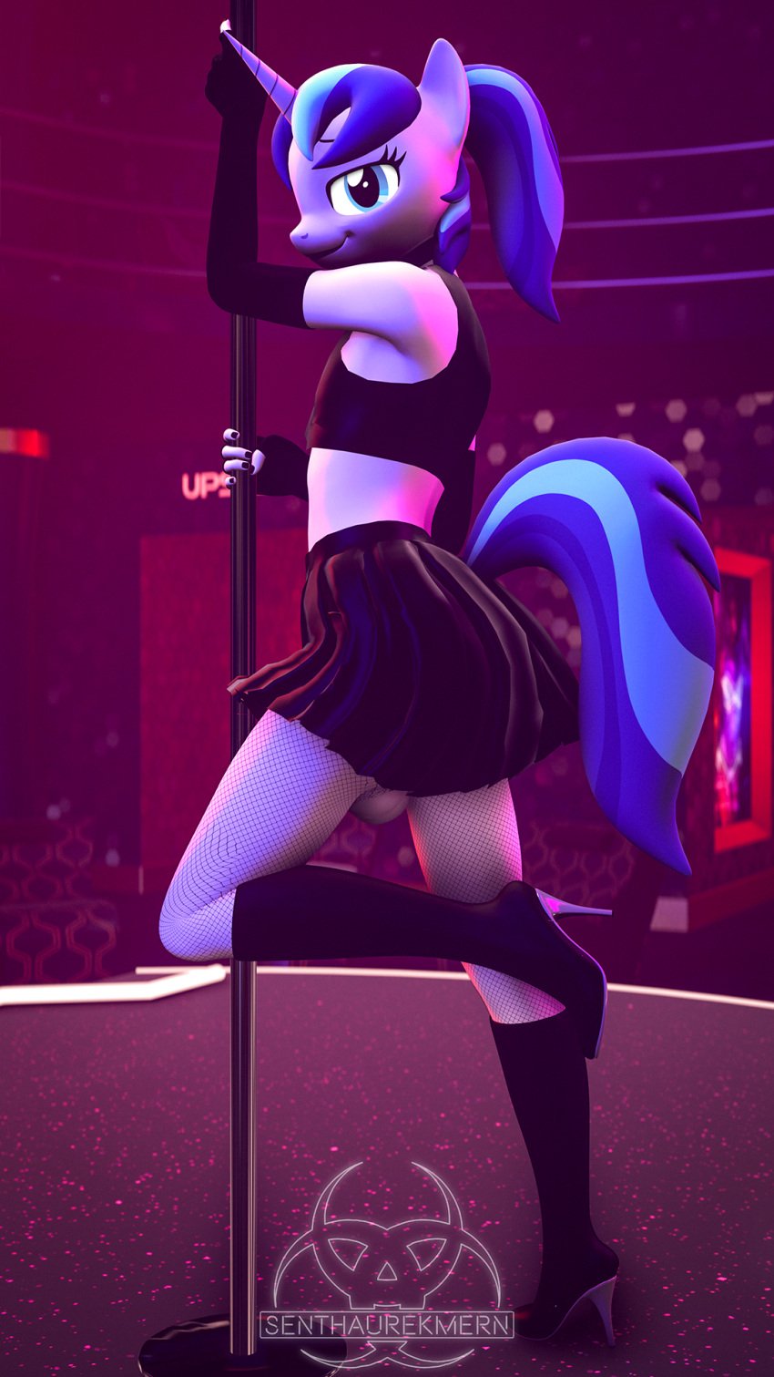 9:16 anthro armwear balls boots clothed clothing crop_top crossdressing elbow_gloves equid equine femboy fingerless_gloves fishnet fishnet_legwear footwear friendship_is_magic genitals girly gloves handwear hasbro hi_res high_heeled_boots high_heels horn legwear looking_at_viewer male mammal my_little_pony pole senthaurekmern shining_armor_(mlp) shirt solo strip_club stripper_pole topwear unicorn