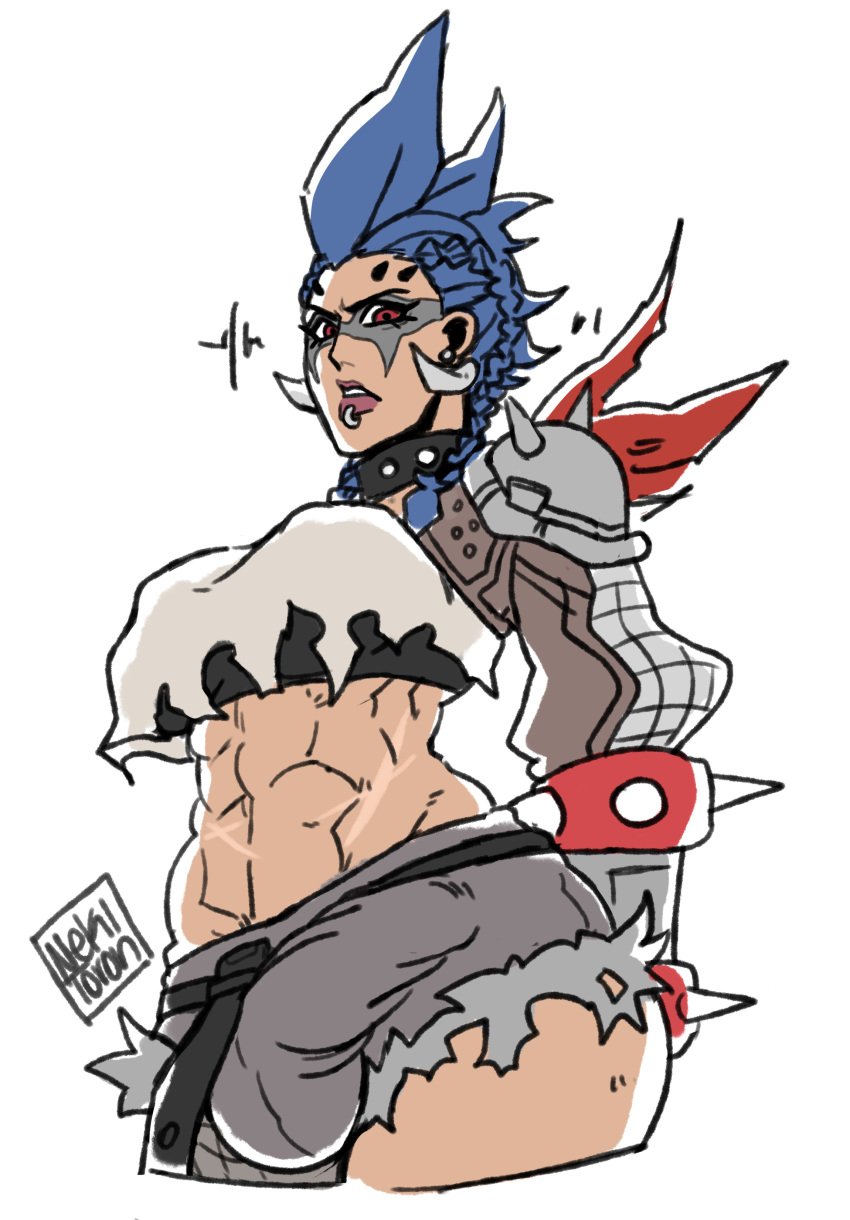 1futa 2d balls big_balls big_penis blue_hair breasts bulge clothed clothing flaccid fully_clothed futa_only futanari human junker_queen light-skinned_futanari light_skin muscular_futanari nekitoototo overwatch overwatch_2 penis short_hair short_shorts shorts solo standing