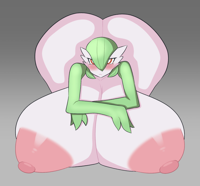 duskyer gardevoir gradient_background green_hair grey_background huge_ass huge_breasts hyper hyper_ass hyper_breasts pokemon pokemon_(species) red_eyes