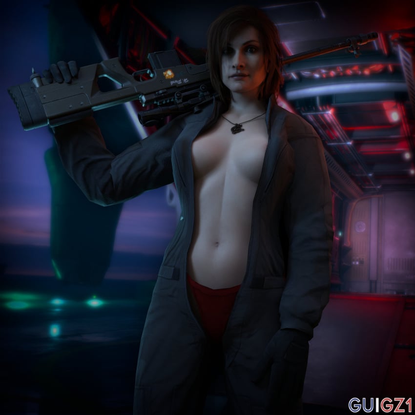 1girls breasts call_of_duty call_of_duty_black_ops_cold_war cleavage detailed_background gloves guigz1 gun looking_at_viewer necklace open_suit panties red_hair sniper_rifle solo_female soviet yirina_portnova