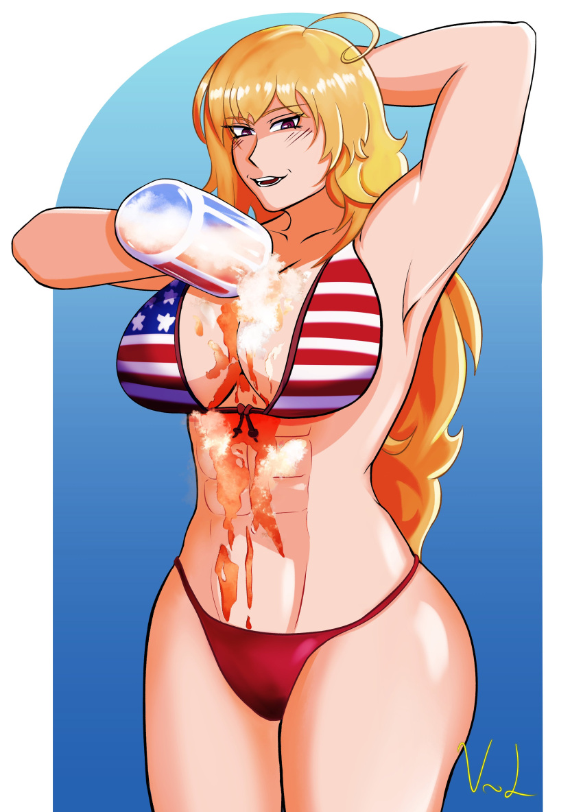 1girls 4th_of_july abs alcohol american_flag_bikini arm_behind_head beer big_breasts bikini blush blushing border brown_eyes buff busty casual cleavage drunk flirting foam hand_behind_head holding_mug large_breasts light_skin liquid_between_breasts long_hair looking_at_viewer mug one_arm_up pose posing pouring pouring_on_self rwby seductive showing_off simple_background smile soaked spilling spilling_drink spilling_drink_on_self strong teasing tipsy vante_light wet yang_xiao_long yellow_hair