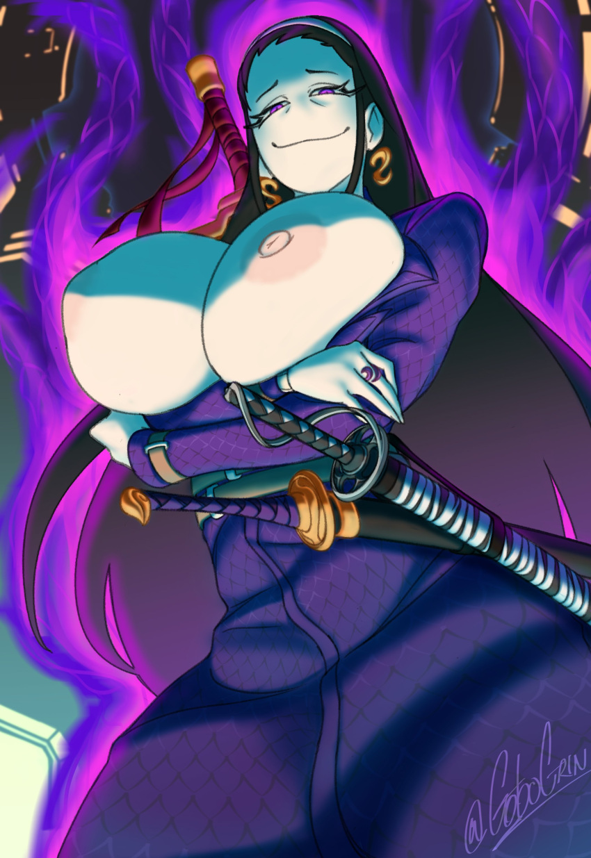 1girls aura big_breasts big_thighs black_hair breasts crossed_arms earrings exposed_breasts female female_focus female_only gobogrin huge_breasts iori_(library_of_ruina) katana library_of_ruina looking_at_viewer mature_female milf older_female partially_clothed project_moon purple_clothing purple_eyes smirk smug sword wide_hips