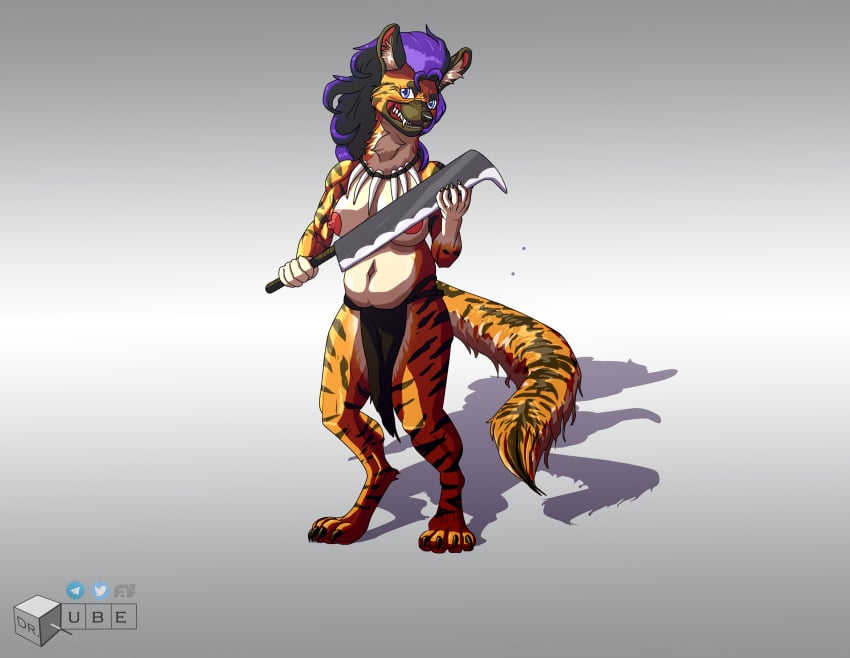 absurd_res anthro barbarian bottomwear clothing drqube female grin hi_res hyaenid loincloth mammal melee_weapon smile solo sword weapon yeenus