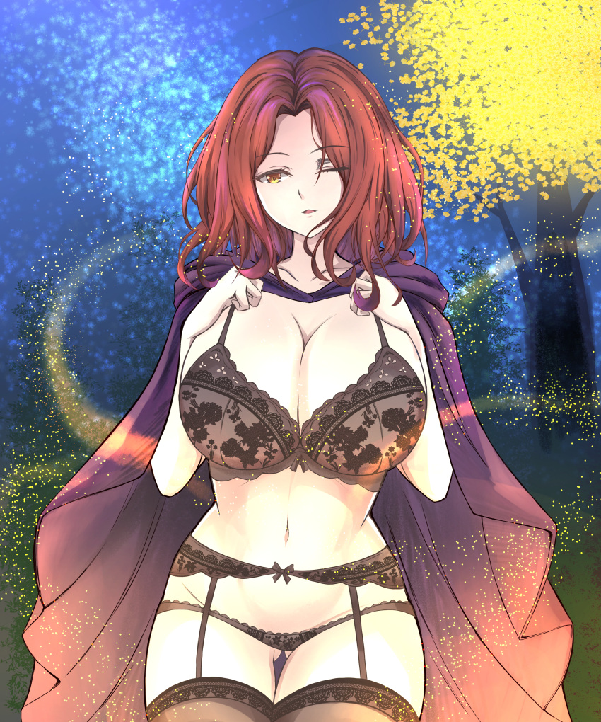 1girls absurdres ass_visible_through_thighs black_bra black_legwear black_panties bow bra breasts brown_hair cape elden_ring female floral_print fromsoftware garter_straps garterbelt highres large_breasts looking_at_viewer male melina_(elden_ring) navel night one_eye_closed open_mouth outdoors panties short_hair solo thigh_gap thighhighs underwear yellow_eyes zone25388591