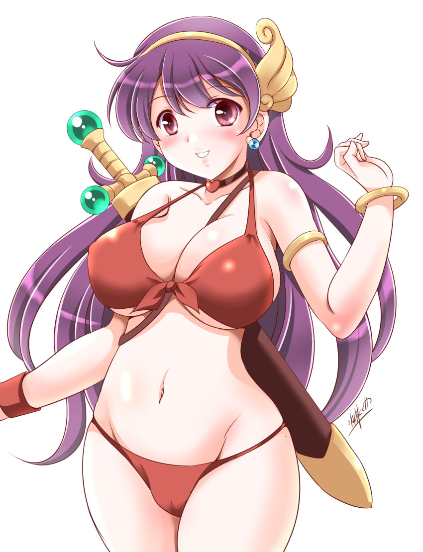 1girls artist_name athena_(series) big_breasts bikini breasts busty cleavage female female_only front-tie_bikini front-tie_top highres large_breasts legs long_hair mizushiro_takuya navel princess_athena purple_hair red_bikini red_eyes smile snk solo swimsuit sword thick_thighs thighs underboob voluptuous weapon