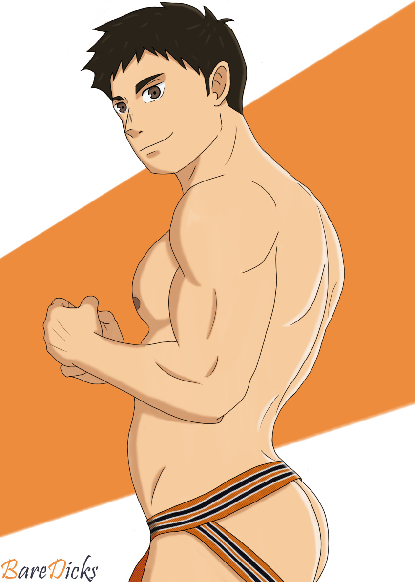 1boy ass baredicks brown_eyes brown_hair haikyuu!! jockstrap male male_only muscles muscular muscular_male sawamura_daichi