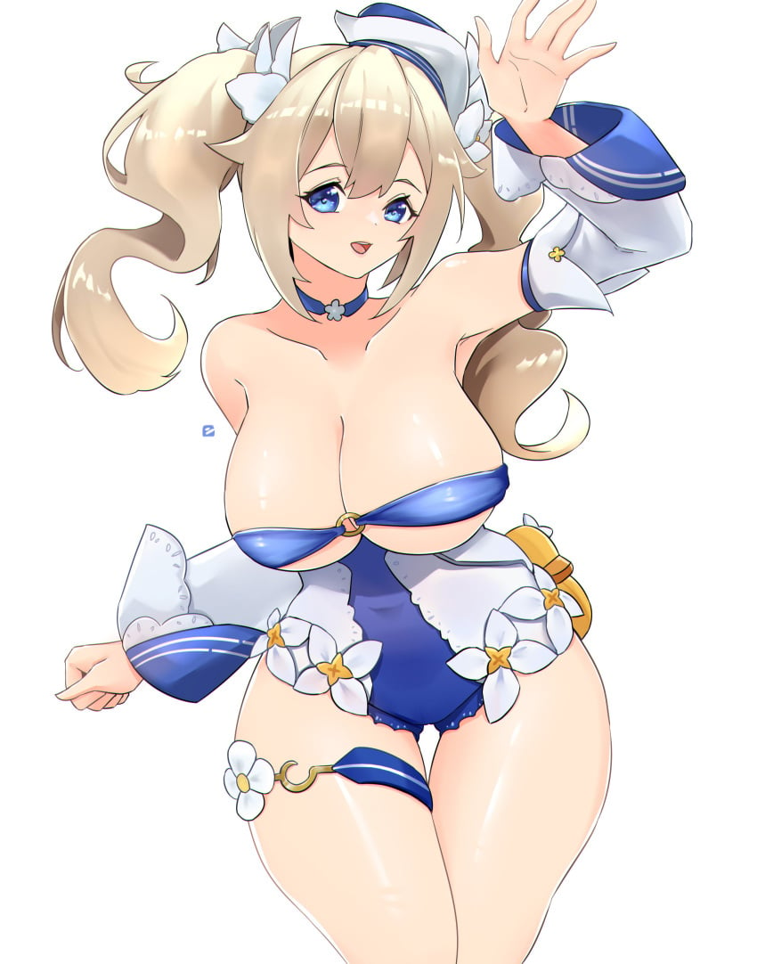 1girls barbara_(genshin_impact) barbara_(summertime_sparkle)_(genshin_impact) big_breasts blonde_hair blue_eyes breasts busty female female_only genshin_impact jrpuls3 large_breasts legs looking_at_viewer navel nun one-piece_swimsuit open_mouth smile solo swimsuit thick_thighs thighs twintails voluptuous