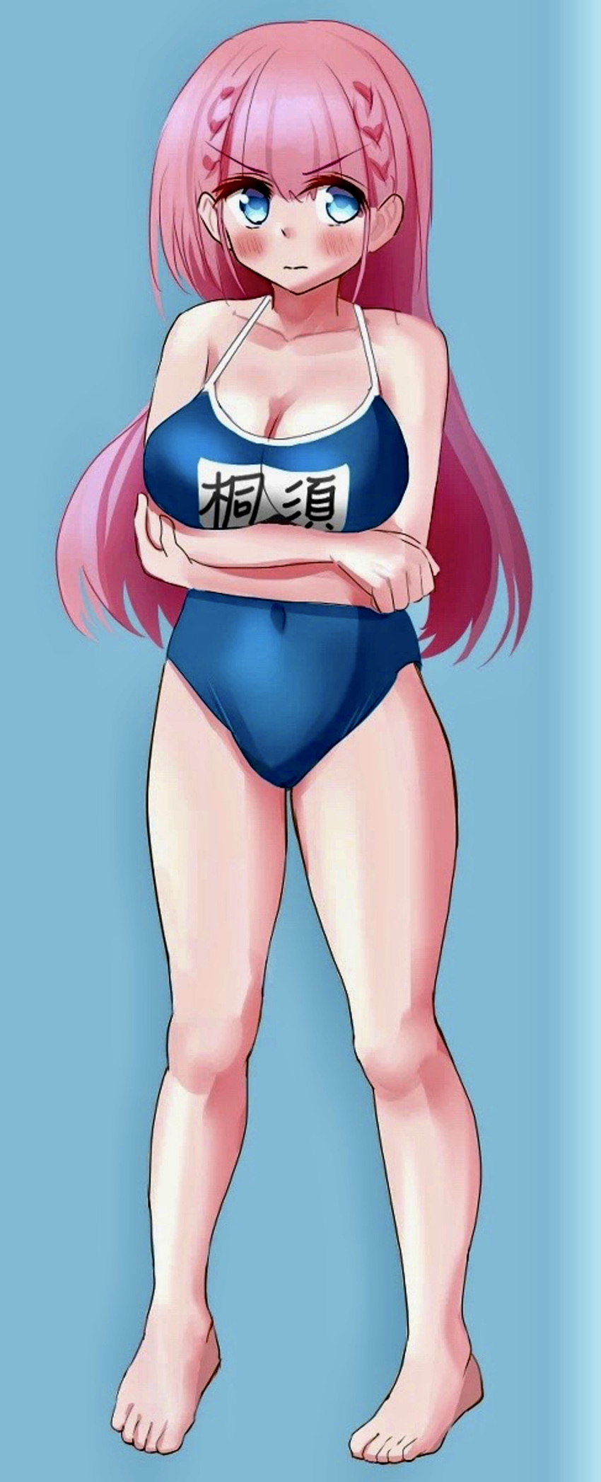 1girls annoyed big_breasts blue_eyes blush bokutachi_wa_benkyou_ga_dekinai breast_hold breasts busty cleavage covered_navel crossed_arms feet female female_only gu~derenko highres kirisu_mafuyu_(bokuben) large_breasts legs one-piece_swimsuit pink_hair solo swimsuit thighs