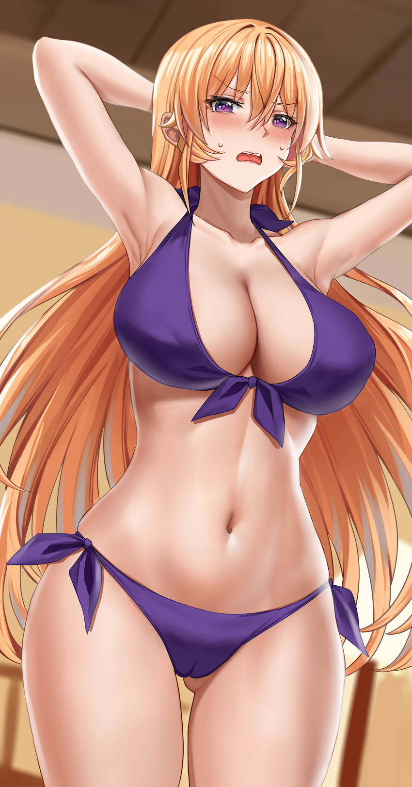 1girls absurd_res armpits arms_behind_back ass_visible_through_thighs big_breasts bikini blonde_hair blush breasts busty cameltoe cleavage cowboy_shot female female_only front-tie_bikini front-tie_top large_breasts legs low-angle_view nakiri_erina navel open_mouth piukute062 pose posing purple_bikini purple_eyes shokugeki_no_souma sidelocks solo solo_female swimsuit thighs