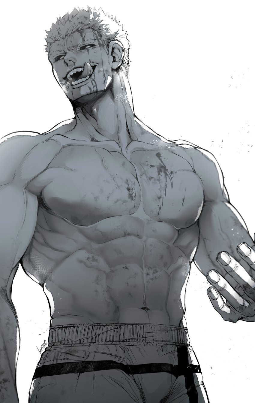 abs black_sclera blood blood_on_face breath gym_shorts kengan_(series) kengan_ashura kure_raian kyowo_sukkesuke licking_lips male male_only monochrome muscular muscular_male open_mouth pecs short_hair smile solo tongue_out topless topless_male upper_body veiny_muscles