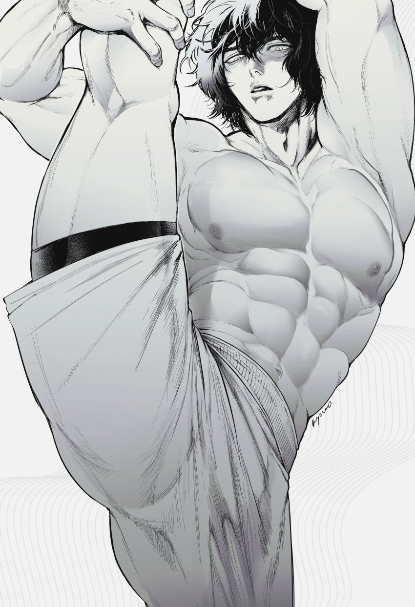 abs arms_up curly_hair fighter gym_shorts kengan_(series) kengan_ashura kyowo_sukkesuke leg_lift leg_up looking_at_viewer male male_only messy_hair muscular muscular_male muscular_thighs pecs solo stretching tokita_ohma topless topless_male vertical_splits