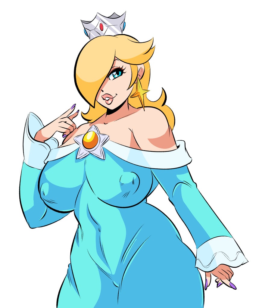 1girls bare_chest bare_shoulders big_breasts big_lips big_thighs bimbo blonde_hair blue_dress blue_eyes breasts brooch clothed clothing crown cyan_dress dress erect_nipples erect_nipples_under_clothes female female_only fingernails glassfish huge_breasts large_breasts lips long_hair long_sleeves looking_at_viewer mario_(series) mouth nail_polish nintendo nipple_bulge nipples one_eye_covered one_eye_obstructed open_mouth pink_lips princess_rosalina purple_nail_polish purple_nails seductive seductive_eyes seductive_look seductive_mouth seductive_smile solo strapless_dress thick_thighs thighs white_body white_skin yellow_hair