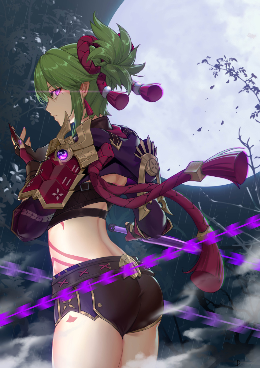 absurdres armor ass back black_shorts body_markings closed_mouth crop_top earrings female fingerless_gloves from_behind genshin_impact gloves green_hair highres holding holding_mask holding_weapon jewelry kuki_shinobu linreplica looking_at_viewer mask mask_removed midriff nail_polish outdoors ponytail purple_eyes purple_nails rope shimenawa short_shorts shorts shoulder_armor sideways_glance solo standing tassel tassel_earrings thighs vision_(genshin_impact) weapon wind