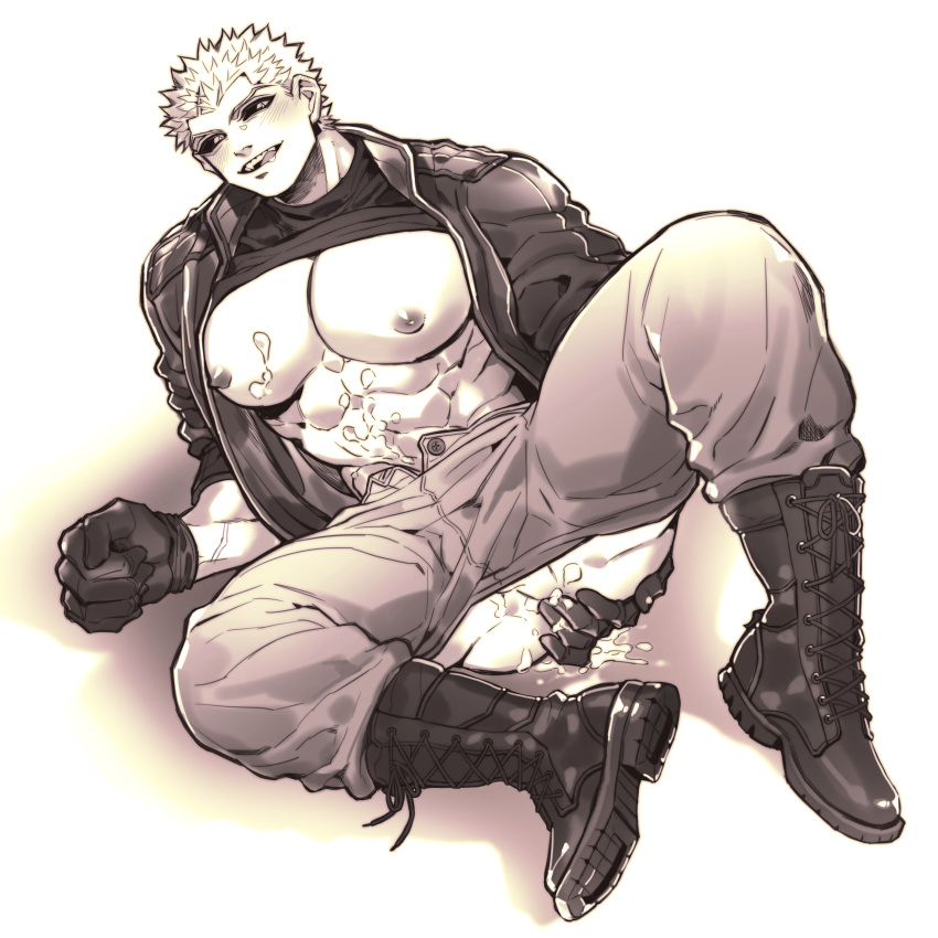 after_anal after_sex babulon big_pecs black_sclera blush boots cum_in_ass cum_inside cum_on_body cum_on_self cum_on_upper_body gay kengan_(series) kengan_ashura kure_raian licking_lips looking_at_viewer male male_only muscular muscular_male open_jacket pants_down pecs restricted_palette shirt_up short_hair smile solo spiky_hair spread_legs