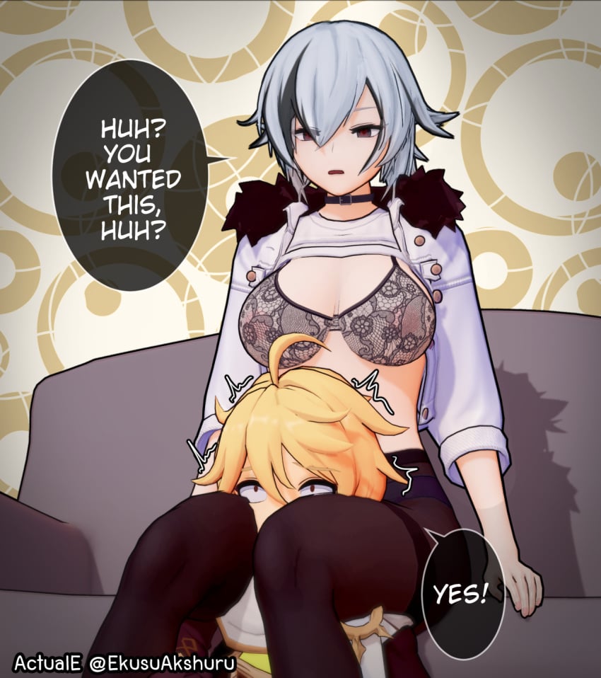 1boy 1boy1girl 1girls 3d 3d_(artwork) actuale aether_(genshin_impact) arlecchino_(genshin_impact) artist_name black_eyes black_hair blonde_hair bra english_text female female_on_top fur_trim genshin_impact in_between_legs koikatsu male sitting speech_bubble tagme text thick_thighs thighhighs thighs white_hair yellow_eyes