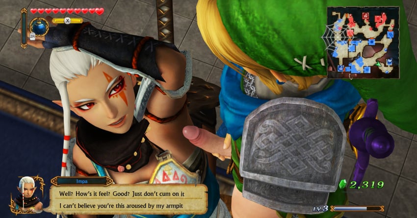 1boy 1girls armpit armpit_fetish armpit_sex armpits dialogue hyrule_warriors impa impa_(hyrule_warriors) link link_(hyrule_warriors) male/female straight_hair text the_legend_of_zelda unseen_male_face video_game yourenotsam