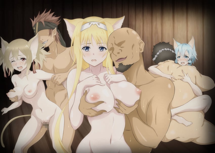 3boys 3girls agil alice_schuberg alice_synthesis_thirty alice_zuberg animal_ear_fluff animal_ears arm_grab asada_shino ass ayano_keiko bald bald_man bangs barefoot bent_over blonde_hair blue_eyes blush breast_grab breast_suppress breasts brown_hair cat_ears cat_tail censored censored_penis censored_pussy collarbone dark-skinned_male dark_skin deep_skin drooling eyebrows eyebrows_hidden_by_hair faceless faceless_male fat_man female fingernails grabbing grabbing_from_behind groin group_sex hair_ornament hair_ribbon hairband hands_up hetero highres hug kemonomimi klein large_breasts leg_lock long_hair looking_at_viewer male medium_breasts missionary mosaic_censoring multiple_boys multiple_girls navel netorare nipples nude one_eye_closed open_mouth original_character pc_pc pc_pc_(naruse1) penis pussy red_eyes ribbon sex sex_from_behind shiny shiny_hair shiny_skin short_hair silica silica_(sao-alo) silver_hair sinon sinon_(sao-alo) spread_legs sweat sword_art_online sword_art_online_alicization tail tears teeth toes twintails unseen_male_face upper_teeth_only white_hairband x_hair_ornament