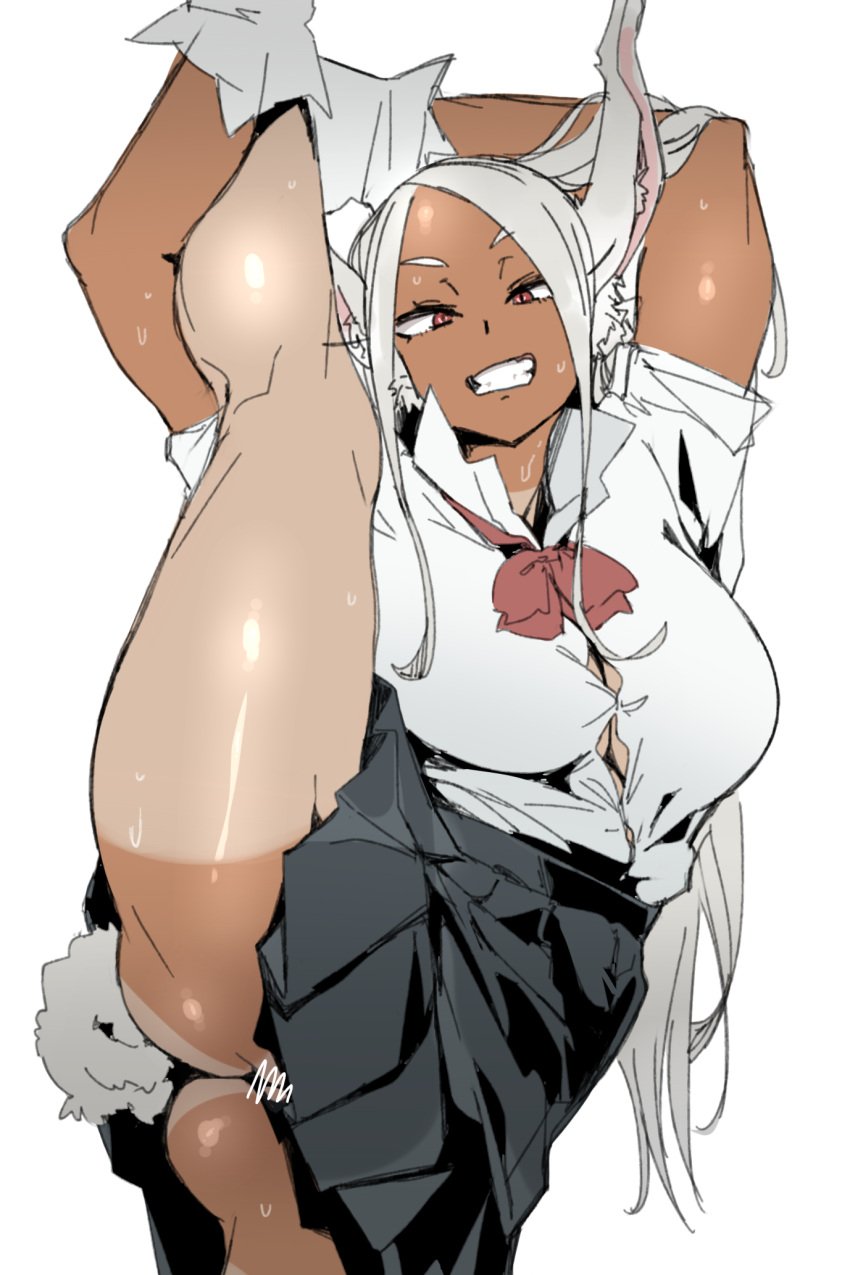 1girls bunny_ears bunny_girl censored dark-skinned_female dark_skin ettone female_focus female_only female_solo large_breasts miruko muscular my_hero_academia rumi_usagiyama school_uniform schoolgirl solo_female tanned tanned_skin white_hair