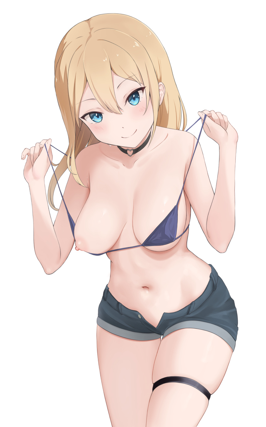 1girls areolae bare_shoulders belly bikini bikini_pull blonde_hair blue_bikini blue_bra blue_eyes blush bra breasts breasts_out choker coro_fae embarrassed exposed_breasts female female_only hair_between_eyes hayasaka_ai heart_choker highres kaguya-sama_wa_kokurasetai_~tensai-tachi_no_renai_zunousen~ legs light-skinned_female long_hair looking_at_viewer medium_breasts midriff navel nipples one_breast_out open_shorts sagging_breasts seductive short smile solo standing thigh_strap thighs white_background