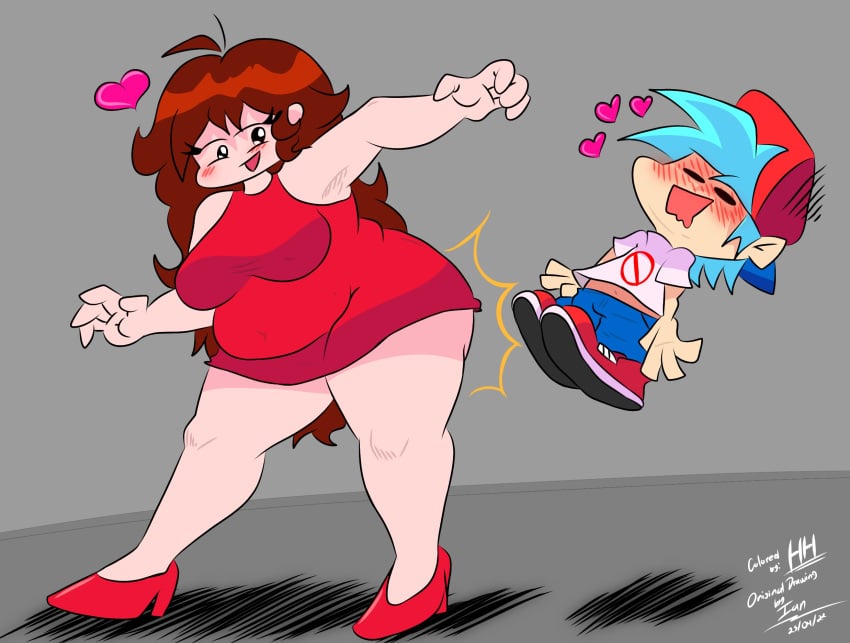 1boy 1girls artist_signature ass_shot background backwards_baseball_cap big_ass big_breasts blue_hair blush boyfriend_(friday_night_funkin) butt_slam curvy_figure cute dress drooling female friday_night_funkin girlfriend_(friday_night_funkin) heart heels looking_at_partner pleasure_face raccoonmugen redraw slightly_chubby smaller_male sparkling_eyes taller_girl thick_thighs wholesome