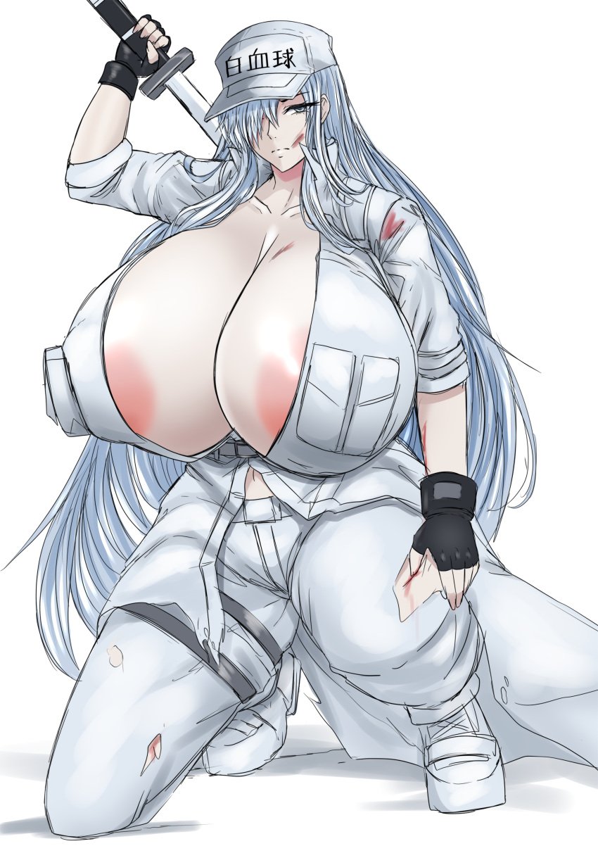 1girls breasts breasts_bigger_than_head cells_at_work cleavage clothing female gigantic_breasts hat hataraku_saibou huge_breasts saggitary solo solo_female sword venus_body white_background white_blood_cell_(hataraku_saibou)