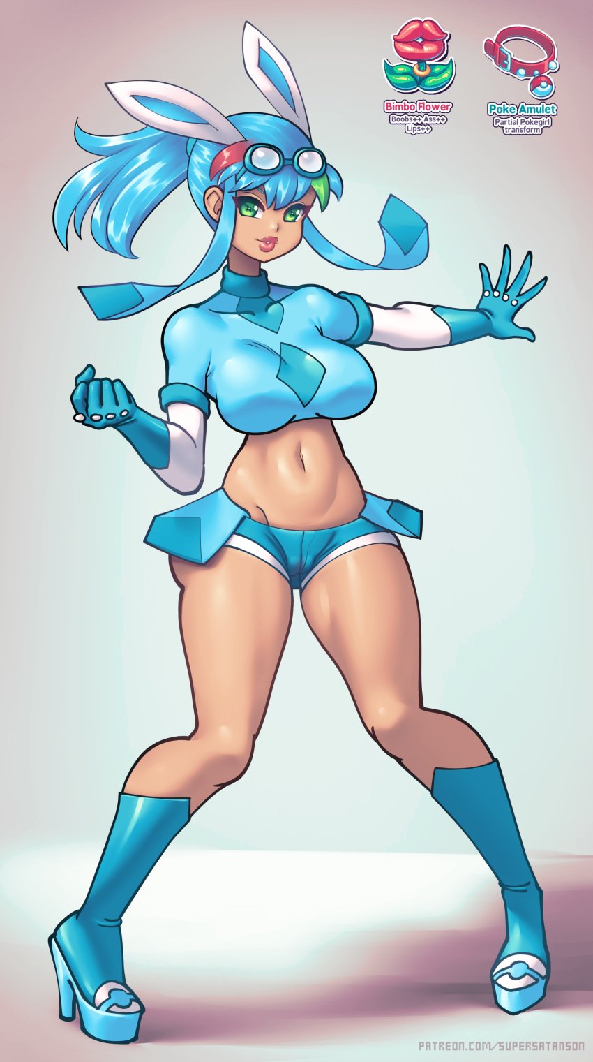 1girls bimbo bimbo_flower blue_hair dark-skinned_female glaceon gloves goggles green_eyes high_heel_boots high_heels multicolored_hair platform_heels poke_amulet pokemon ponytail power_up puffy_lips rika_dimensional_ninja supersatanson transformation unusual_pupils watermark