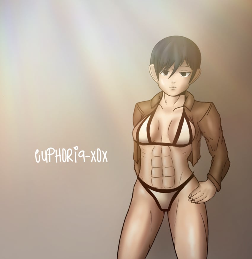 1girls attack_on_titan emotionless euphoria-xox female female_only grey_background hand_on_hip leather leather_jacket looking_at_viewer mikasa_ackerman shingeki_no_kyojin short_hair soldier solo tomboy warrior