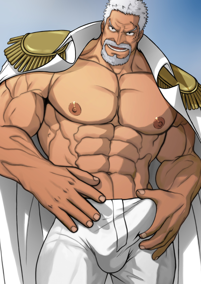 balls bara big_balls big_penis boner bulge erection erection_under_clothes facial_hair gay hydaria male male_only monkey_d_garp muscles muscular muscular_male one_piece penis solo solo_male