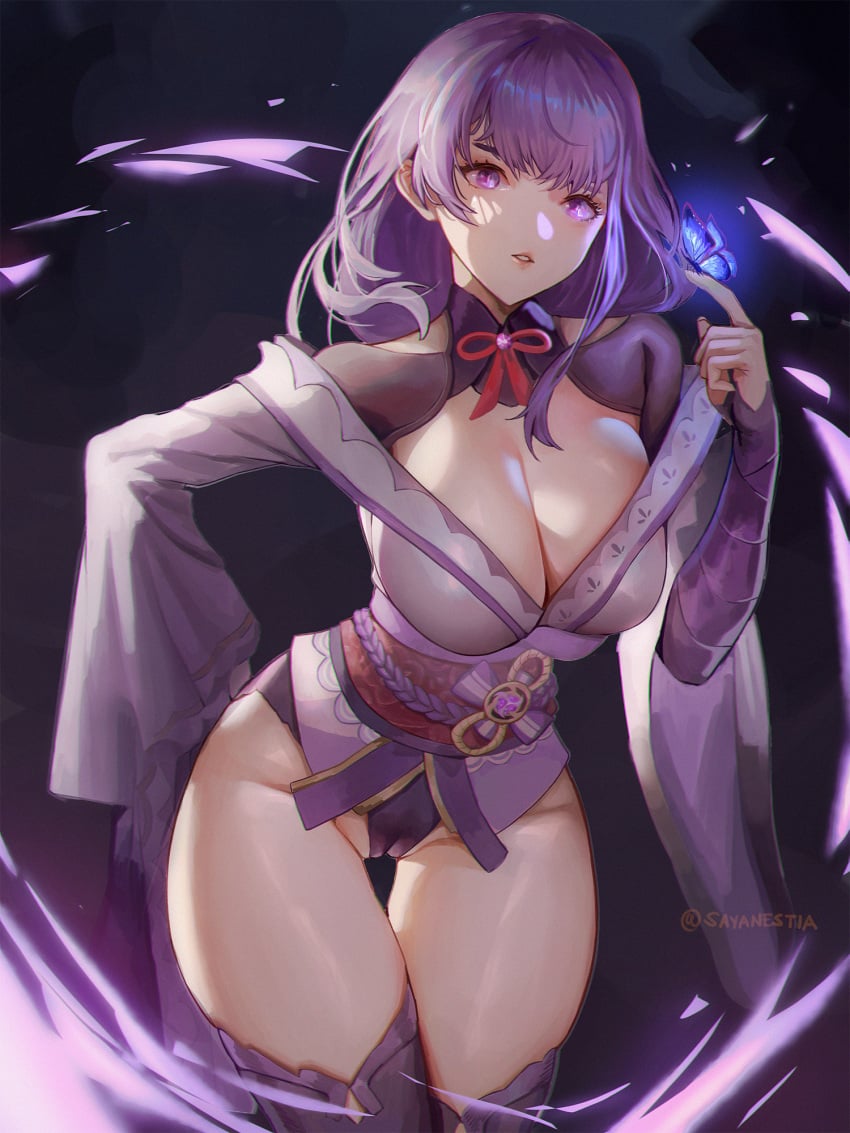 1girls bangs black_panties black_thighhighs breasts bug butterfly butterfly_on_hand cameltoe cleavage cowboy_shot dark_background genshin_impact glowing_butterfly hand_on_hip highres japanese_clothes kimono kimono_pull large_breasts leaning_forward long_hair long_sleeves looking_at_viewer no_pants off_shoulder panties parted_lips purple_eyes purple_hair purple_kimono raiden_shogun sayanestia shrug_(clothing) solo thigh_gap thighhighs twitter_username underwear wide_sleeves