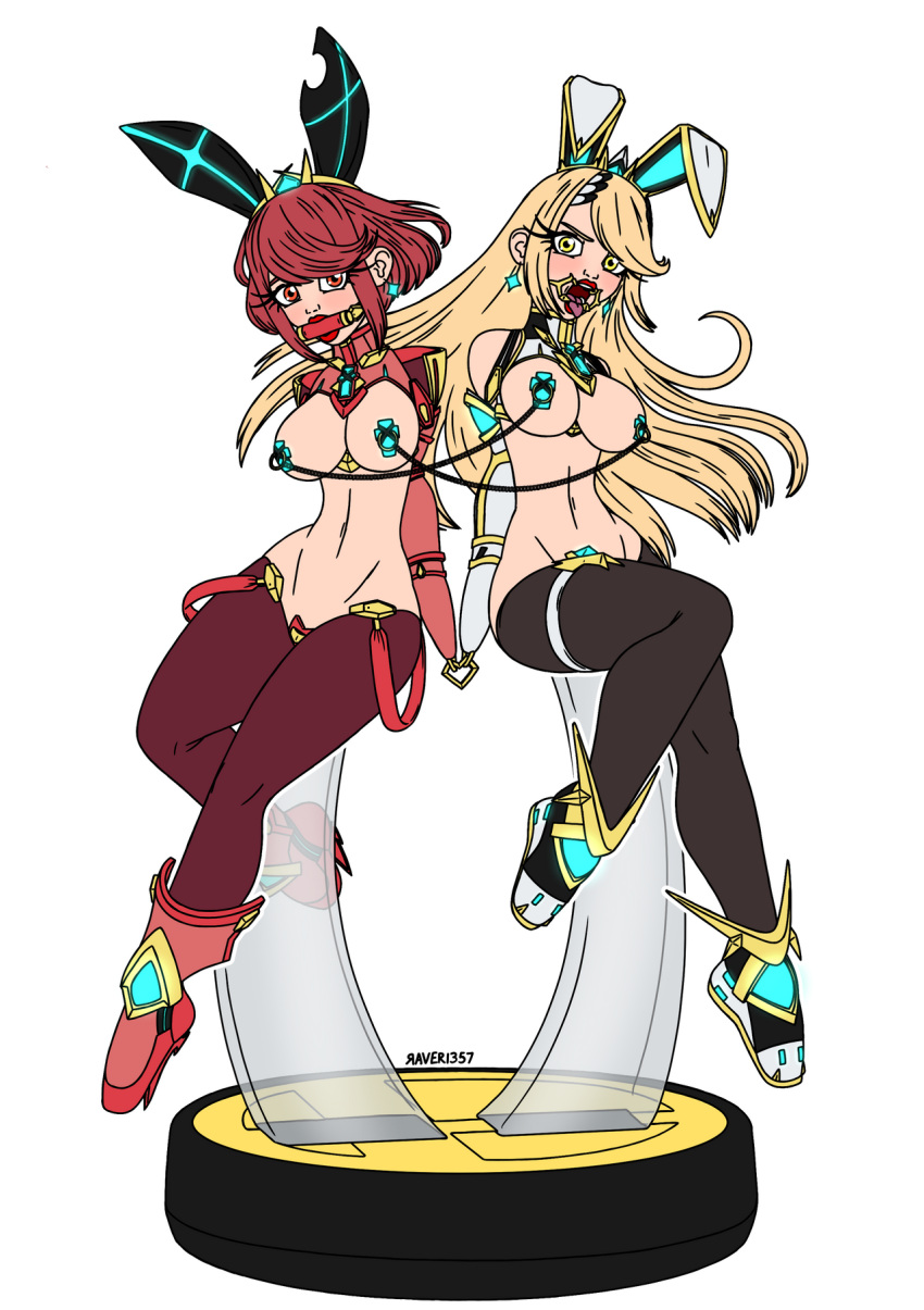 2girls alpha_channel amiibo armbinder bit_gag blonde_hair bondage breasts bunny_ears core_crystal earrings fake_bunny_ears for_sticker_use gag gagged large_breasts linked_nipple_string linked_nipples long_hair monoglove multiple_girls mythra nintendo nipple_clamps nipples no_background png pyra raver1357 red_eyes red_hair ring_gag shoes short_hair slave sticker_template tights transparent_background transparent_png xenoblade_(series) xenoblade_chronicles_2 yellow_eyes