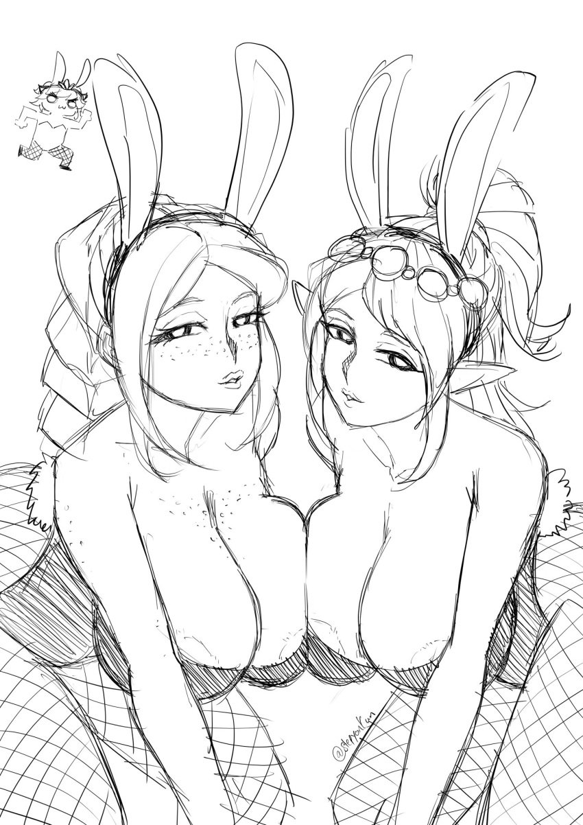 3girls :3 areola_slip braid braided_hair braided_ponytail breast_press breasts bunny_ears bunny_tail caked_up cassie_(paladins) clothing collarbone duo_focus elf elf_ears elf_female elf_girl female female_focus female_only fishnets freckles hair_ornament large_breasts lips long_hair looking_at_viewer multiple_girls paladins playboy_bunny pointy_ears ponytail pose pursed_lips rei_(paladins) sketch smile stepyon symmetrical_docking white_background ying_(paladins)