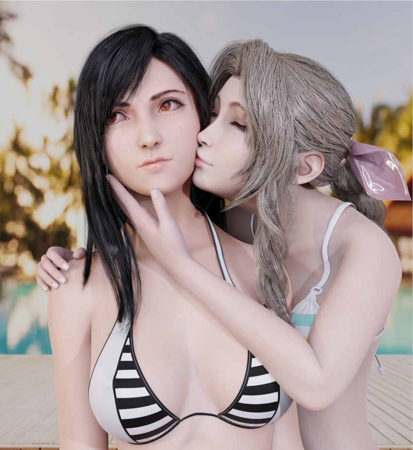 2girls 3d accelevik aerith_gainsborough beach bikini black_hair blurry_background bra brown_hair female female_only final_fantasy final_fantasy_vii final_fantasy_vii_remake highres kissing red_eyes shy swimsuit tifa_lockhart water yuri