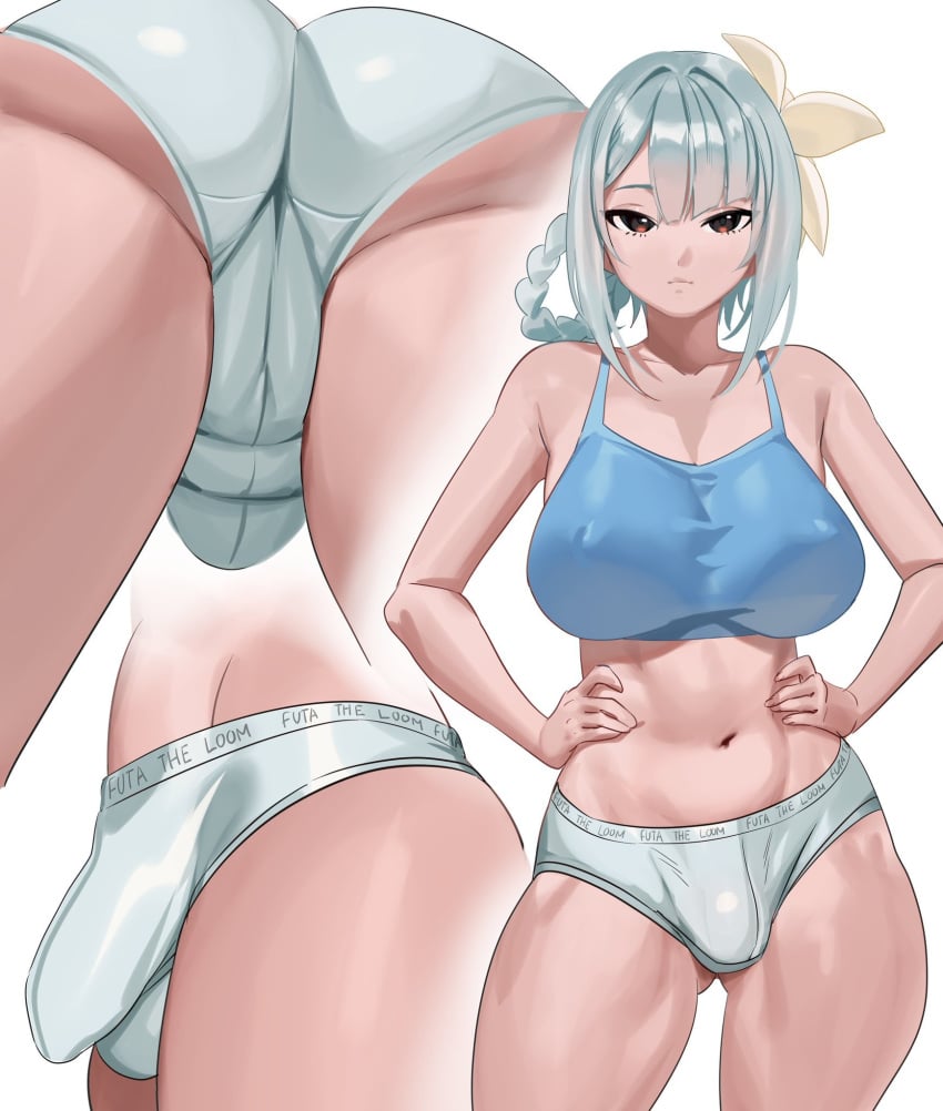 1futa balls big_breasts breasts bulge clothed clothing english_text flaccid futa_only futanari human kaine_(nier) light-skinned_futanari light_skin long_hair nia4294 nia_(nia4294) nier_(series) nier_replicant partially_clothed penis solo standing text underwear viewed_from_below white_hair white_panties