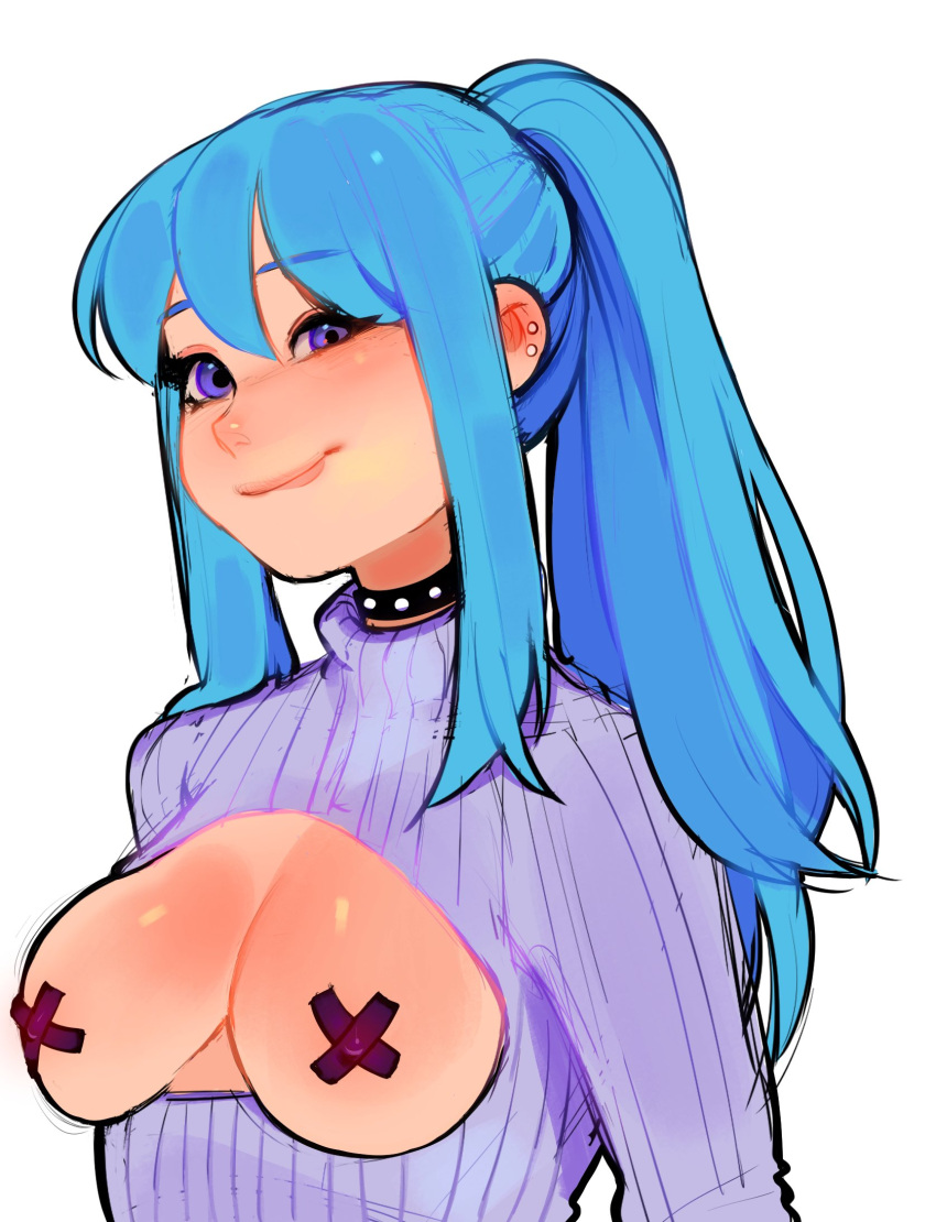 1girls black_pasties blue_eyes blue_hair blush breasts breasts_outside choker droog ear_piercing female female_only hi_res iru_may_(akairiot) light-skinned_female light_skin long_hair looking_at_viewer nipple_bulge nipple_pasties original pasties ponytail smiling smiling_at_viewer smirk solo solo_female sweater upper_body white_background x_pasties