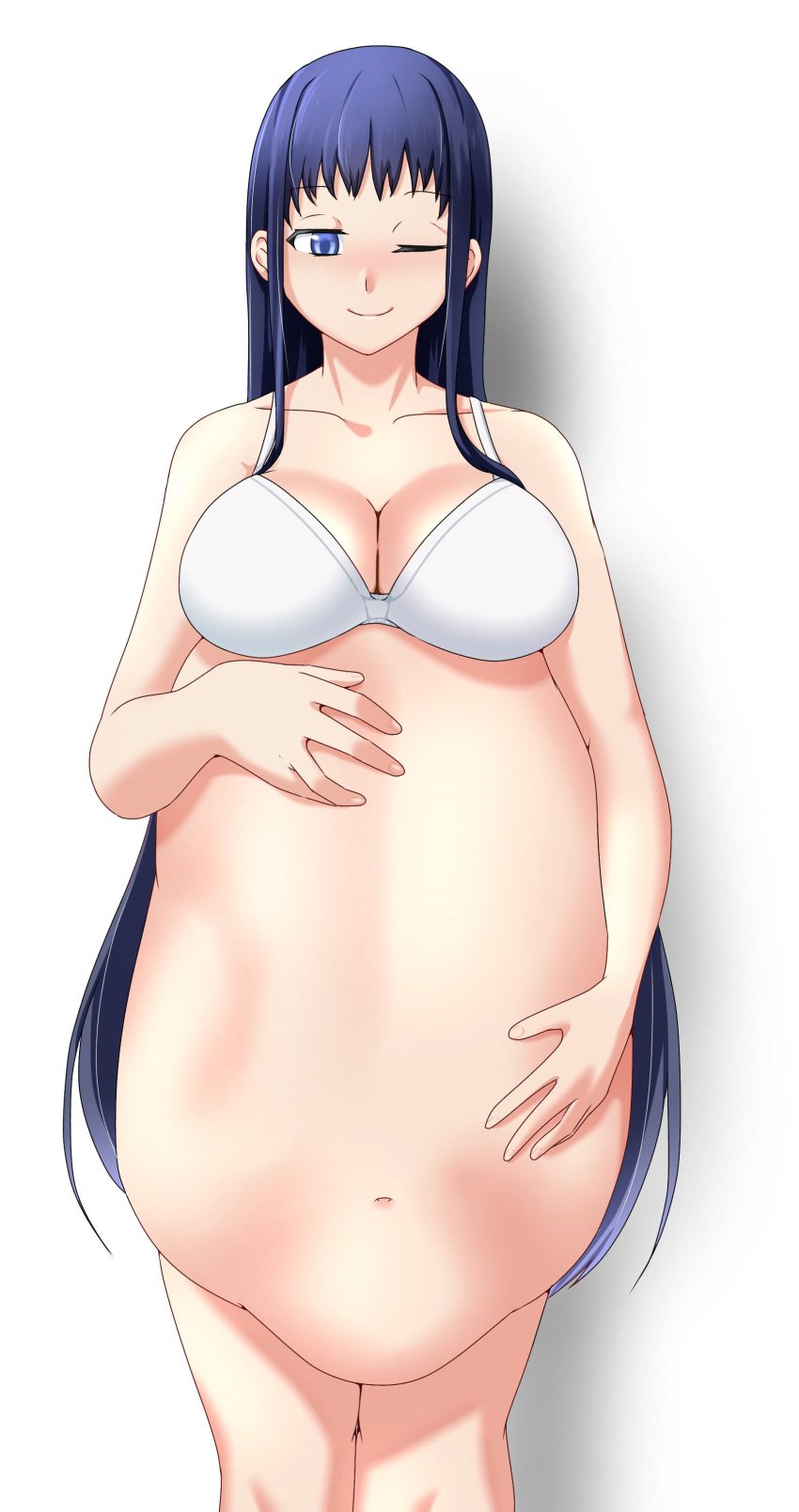 ;) after_vore big_belly big_breasts blue_hair bra cleavage female holding_belly implied_unbirth keze kuzumochi800 large_breasts long_hair navel post_vore same_size_vore soft_vore solo stomach_bulge tagme tagme_(character) unbirthing vore