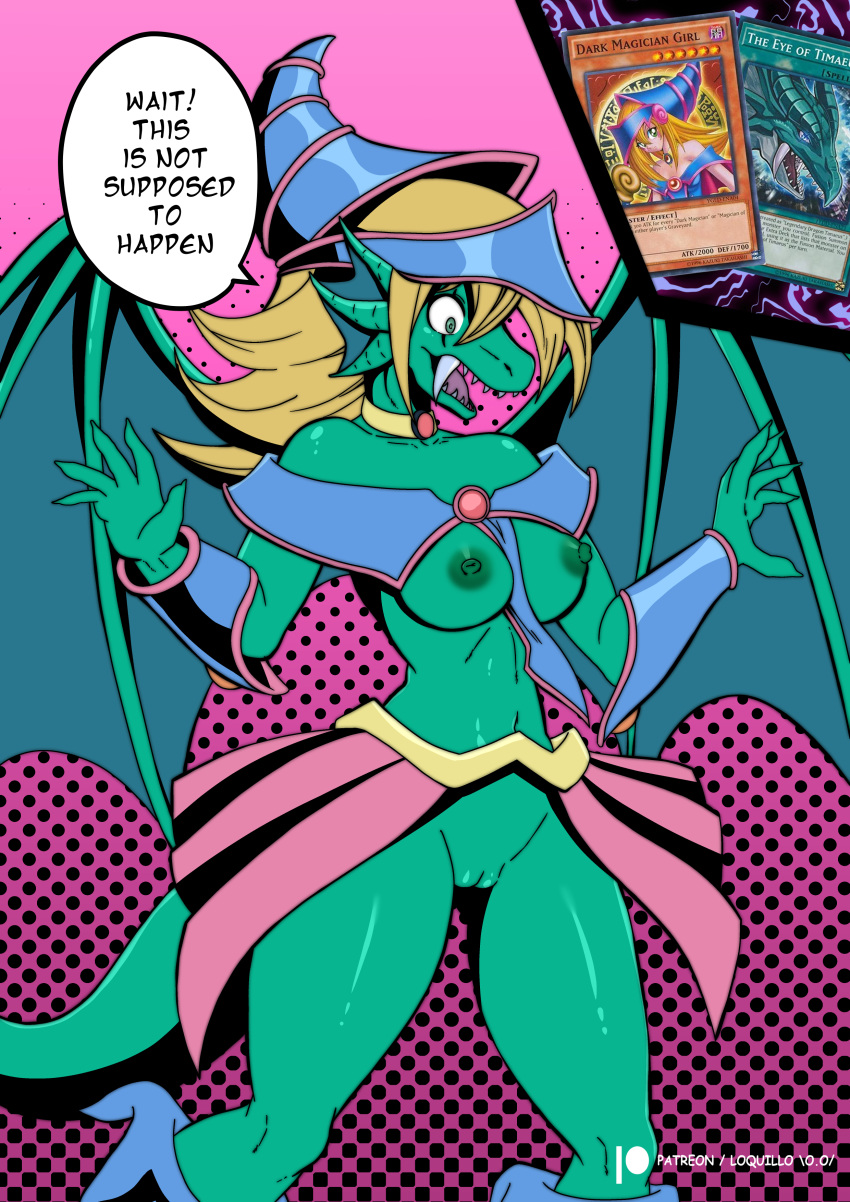 absurd_res anthro blonde_hair breasts claws clothed clothing dark_magician_girl dialogue dragon fangs female genitals green_body green_eyes hair hat headgear headwear hi_res loquillo loquillo66 nipples open_mouth partially_clothed pussy solo speech_bubble yu-gi-oh!