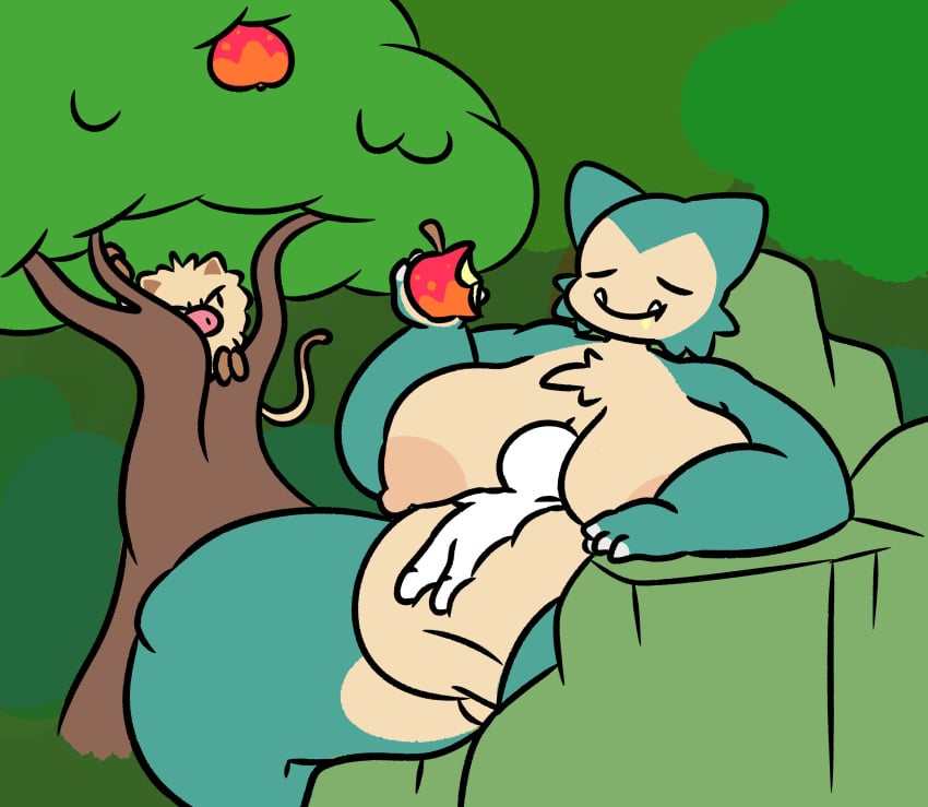 absurd_res ambiguous_gender anon anthro ape apple apple_tree areola big_areola big_breasts big_nipples breasts cheek_tuft chest_tuft closed_eyes cute eating eating_food facial_tuft fangs female food fruit fruit_tree fur green_background green_body green_fur group haplorhine hi_res holding_apple holding_food holding_fruit holding_object huge_areola huge_breasts huge_nipples human mammal mankey navel nintendo nipples nude overweight overweight_female pink_areola pink_nipples plant pokémon_(species) pokemon prick_ears primate rock simple_background sitting sleepyslut smile snorlax tan_body tan_fur thick_thighs tree trio tuft video_games white_body wide_hips