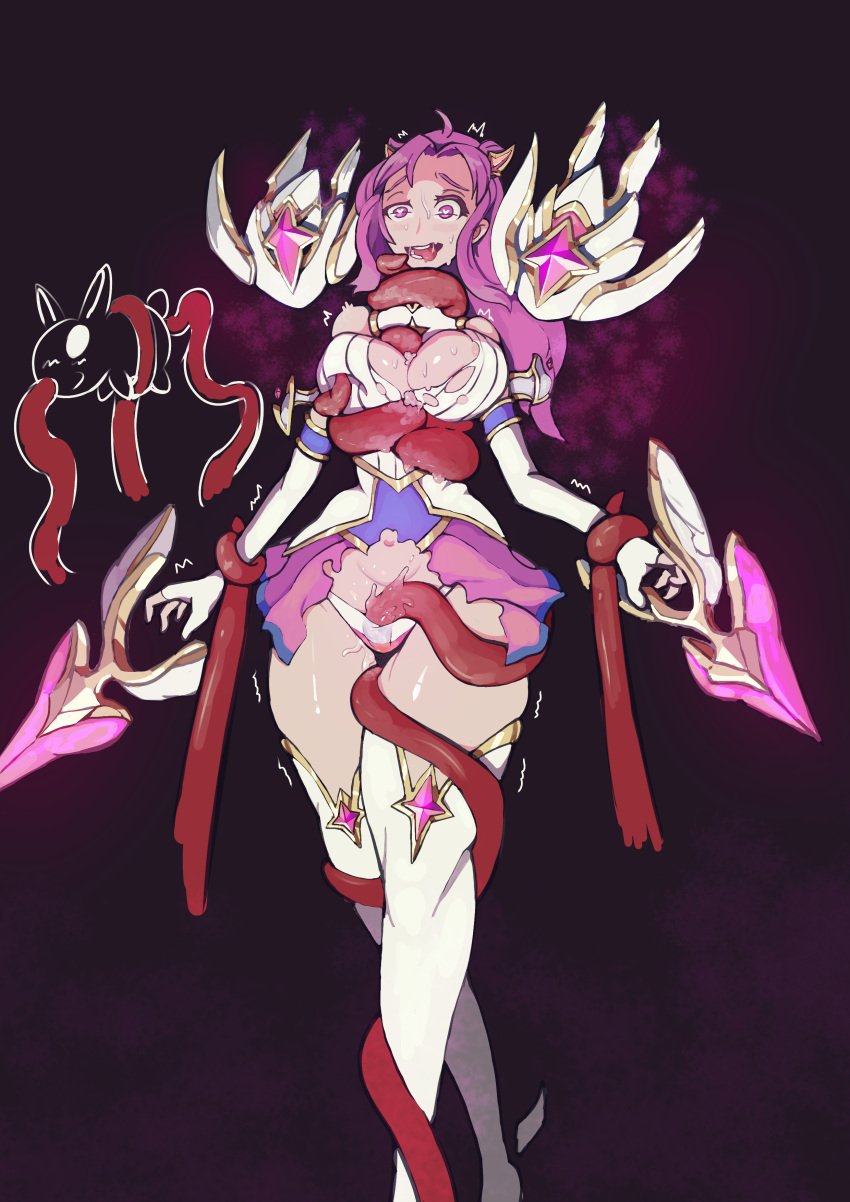 1girls blush corruption hair_ornament heart-shaped_pupils jonfish kai'sa league_of_legends long_hair open_mouth partially_clothed pink_eyes pink_hair skirt solo standing star_guardian_kai'sa star_guardian_series sweat tentacle tentacle_sex tongue_out torn_clothes